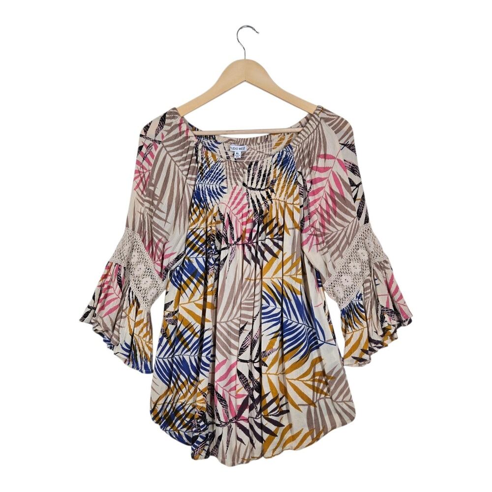 Studio West Top XL Cream Tropical Leaf Print Crochet Bell Sleeve Boho Festival